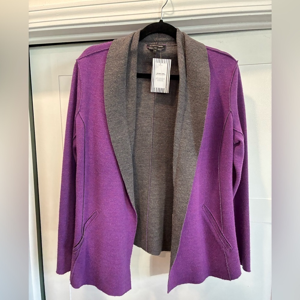Eileen Fisher merino wool open from shawl size M purple and gray